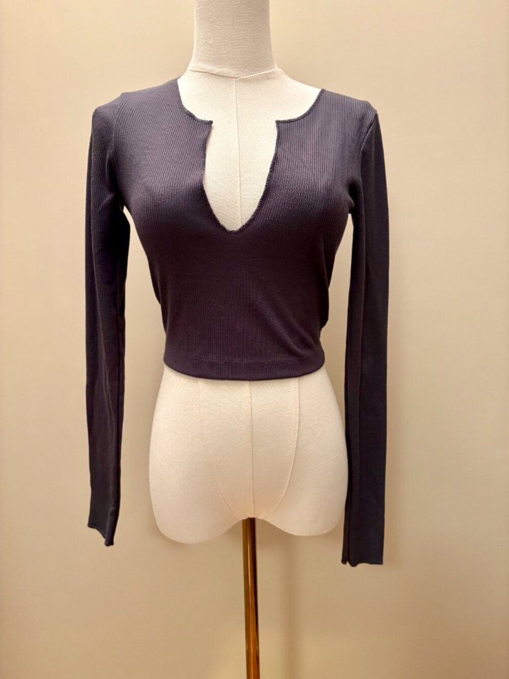 BDG Gray Ribbed V-Neck Long Sleeve Crop Top